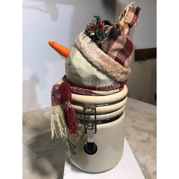 Snowman Ceramic Cannister Hinged Jar Fabric Hat & Scarf 11" Tall11 - Picture 5 of 16